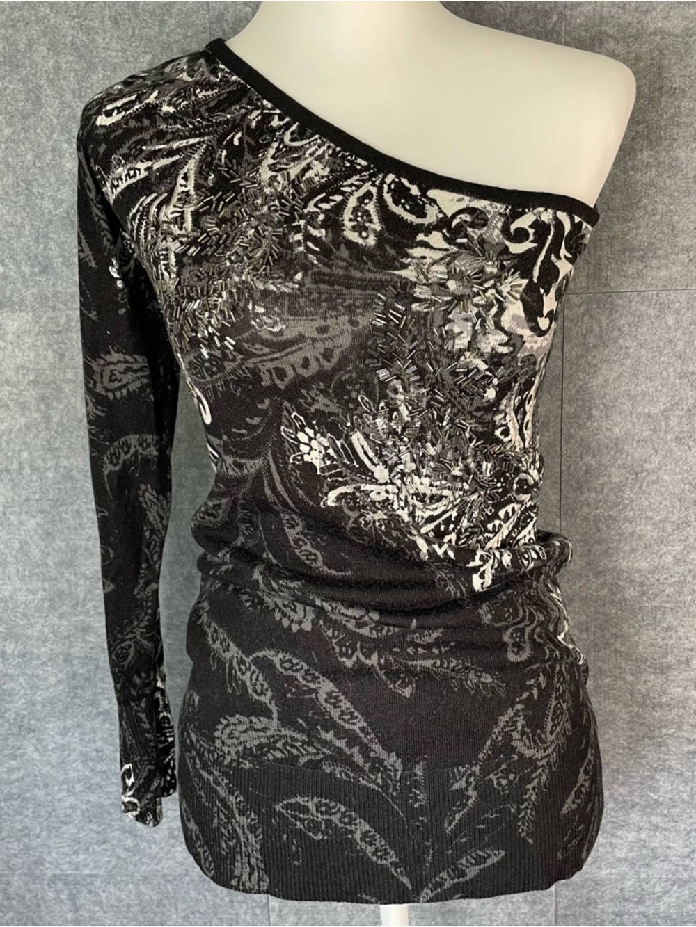 Caché Paisley One Shoulder Asymmetrical Top Beaded Grunge Fairy Y2K